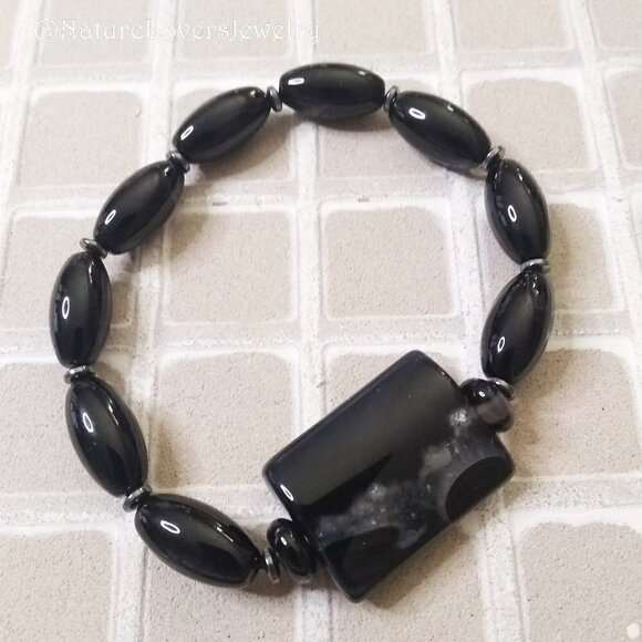 Massive Black Agate Stretch Bracelet - Fits 7-7.5" Wrist 4 Protection + Strength - Picture 2 of 9